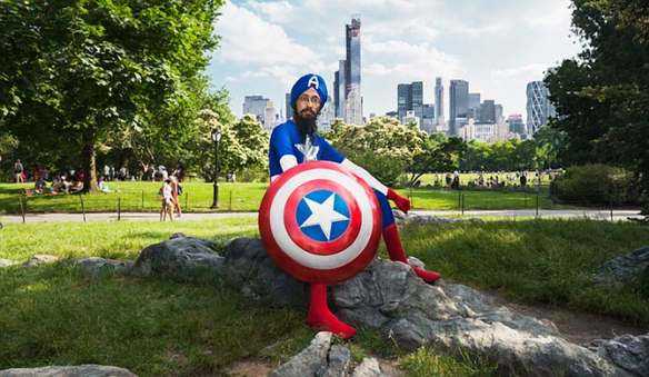 Vishavjit Singh in Central Park NYC as Sikh Captain America, photo by Fiona Aboud